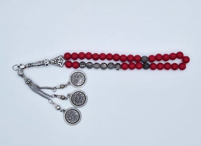 Handgemaakte naam tasbih 33 Kralen Natuursteen “ Bloedkoraal” - met metaal tassel “Constantinopel"- Met je naam of de naam van uw geliefde- 8 mm diameter van de korrel