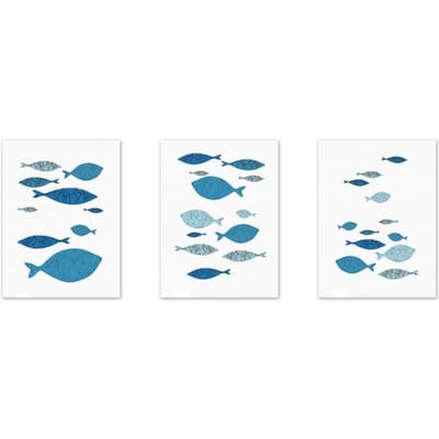 3 Pièces Peinture sur Toile Art Mural Poissons Dessin Animé Image Imprimée Décor Maison Bureau blue