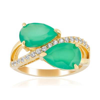Cavill - Luxe Zilveren Ring met 3,06 ct Groene Agaat en 0,306 ct Zirkonia - 925 Sterling Zilver Verguld - Peervormig - Handgemaakt