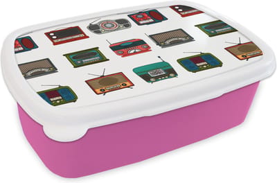 Broodtrommel Roze - Lunchbox - Brooddoos - Retro - Radio - Design - 18x12x6 cm - Kinderen - Meisje