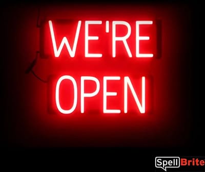 WE'RE OPEN - Lichtreclame Neon LED bord verlicht | SpellBrite | 48 x 38 cm | 6 Dimstanden - 8 Lichtanimaties | Reclamebord neon verlichting