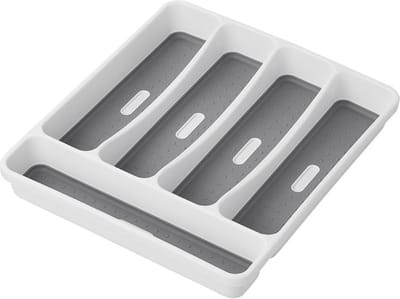 ProPlus Bestekbak - Besteklade voor Caravan - 32.5 x 28.5 x 4.5 cm - Ladeverdeler - Bestekhouder - Bestekbakken - Keukenlade - Bestekcassette - Inzetbaar - Keuken Organizer - Voor bestek en keukengerei - Antislip - 5 vakken - Kunststof - Wit/grijs