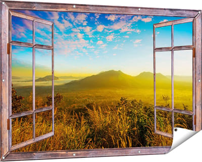 Gards Tuinposter Doorkijk Bergen met Mist in Thailand - 150x100 cm - Tuindoek - Tuindecoratie - Wanddecoratie buiten - Tuinschilderij