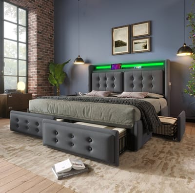 MEUNIQ gestoffeerd bed 140x200 met LED hoofdbord, USB-C en USB, 4 lades, lattenbodem van hout en metalen frame, tweepersoons bed voor slaapkamer, grijs