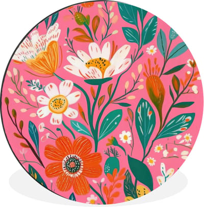 WallCircle - Wandcirkel - Muurcirkel - Roze - Bloemen - Wit - Oranje - Aluminium - Dibond - 140x140 cm - Binnen en Buiten
