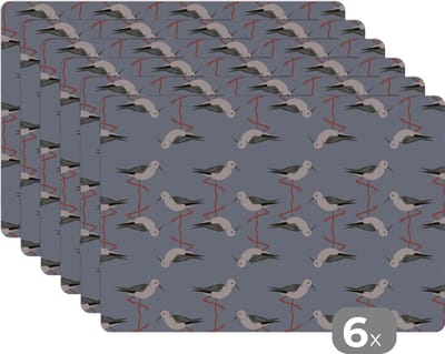 Placemat - Placemats kunststof - Vogel - Ooievaar - Patroon - 45x30 cm - 6 stuks - Hittebestendig - Anti-Slip - Onderlegger - Afneembaar