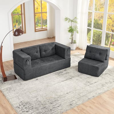 Wishdor Modulaire Slaapbank Met Fauteuil - 2-In-1 Opklapbaar Met Zijvakken - Voor Logeerkamer - Stoffen Bekleding - Donkergrijs