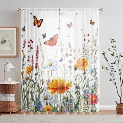 2 Pièces HD Numérique Fleur Jaune Papillon Flottant Imprimé Cantonnière de Fenêtre Style Décoration Maison Salon Chambre W52H63inchW132H160cm white