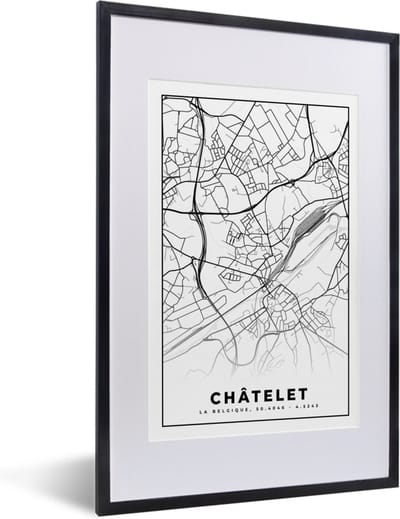 Fotolijst incl. Poster Zwart Wit- Zwart Wit – België – Plattegrond – Stadskaart – Kaart – Châtelet - 40x60 cm - Posterlijst