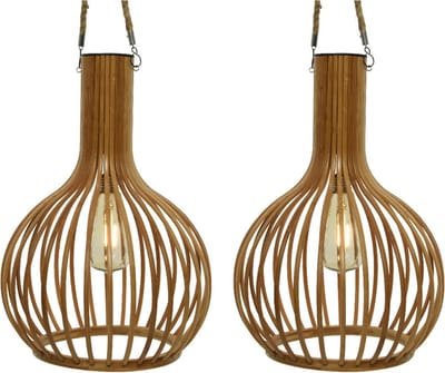 Lumineo hanglamp - 2x - bamboe - H28 cm - solar/led - tuin/buitenverlichting