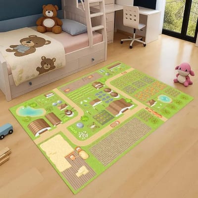 Tapis Lavable Thème Ferme Vintage Chevaux Canards Arbres et Maisons de Ferme Tons Vert et Terracotta Coton Tapis Antidérapants 40x60cm beige