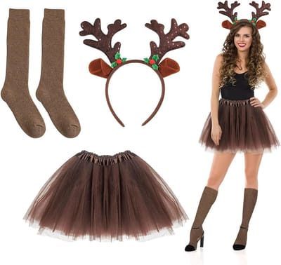 Driedelig rendier kostuum voor vrouwen met oren en hoorns, tutu, sokken, perfect voor carnaval, Halloween en kerstfeest, ideaal voor cosplay en verkleedpartijen