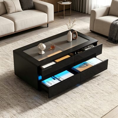 Salontafel Zwart - Moderne Salontafel met LED - Hoogglans Salontafel met Lades - Glazen Salontafel - 100x50x40cm - App Bediening - Woonkamer Zwart
