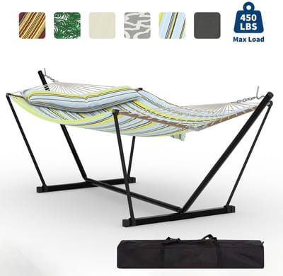 Hangmat Met Stalen Standaard - Schommelbed Outdoor - Draagtas - Afneembaar Kussen En Mat - V-Vorm Spreidstok - 200kg Draagvermogen - Voor Tuin Strand Zwembad Binnen Buiten - Blauwgroene Strepen
