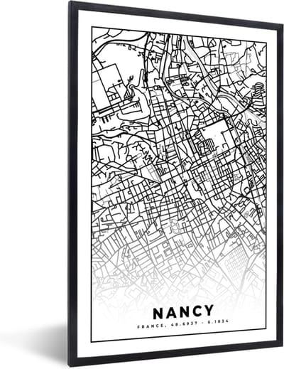 Fotolijst incl. Poster Zwart Wit- Stadskaart - Nancy - Plattegrond - Kaart - Frankrijk - Zwart wit - 40x60 cm - Posterlijst