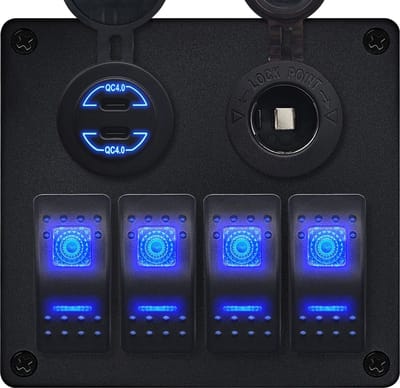 ProRide Schakelpaneel 12V voor Auto/Boot - USB C Lader 2 Poorten met Sigaretten stopcontact - 30W/QC4.0 - 4 schakelaars