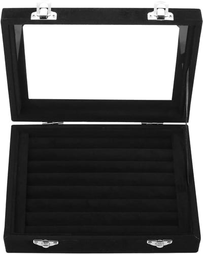 Sieradenopbergdoos, Ringorganiser en Lockable Sieradenopslag, Velvet met 7-Vaks Oorbellenbox en Klein Zwart Display Case voor Sieraden