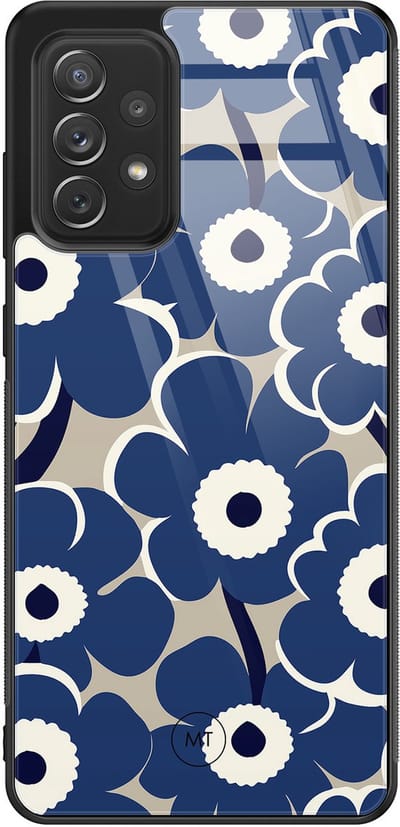 Hoesje geschikt voor Samsung Galaxy A52 5G - Abstract bloom - Hard Case Zwart Back Cover - Bloemen - Blauw - Mooie Telefoonhoesjes
