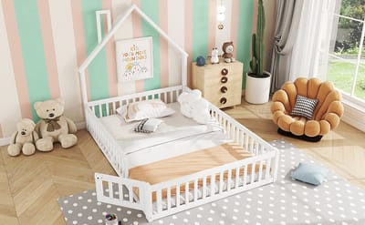 Kinderbed 140x190 - Met Schoorsteenontwerp En Valbeveiliging - Wit - Stevig Grenen Met Lattenbodem