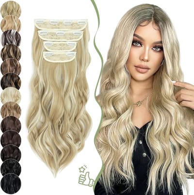 Clip-In Haarextensions 55 cm - 4 Delen Haarstuk met Clips voor Vrouwen in Asblond en Geelblond Mix - Gemakkelijk te Bevestigen en Stijlvol