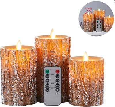 LED Kaarsen (set van 3)met bewegende vlam - kerst decoratie- Elektrische Kaarsen met Afstandsbediening - kerstverlichtingen -Echte Wax - pine bark cover zuil berkeneffect - Dimbaar en Timer Functie