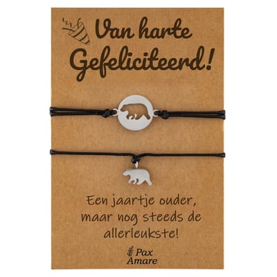 Vriendschapsarmbandjes voor 2 "Van Harte Gefeliciteerd" - Beertjes - BFF Armbandjes met Verjaardags Cadeau Kaartje - Zilverkleurig - Elastisch Verstelbaar - Pax Amare