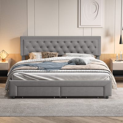 Opbergbed 160x200 met Lades – Fluwelen Bedframe met Capitonné Hoofdbord – Grijs