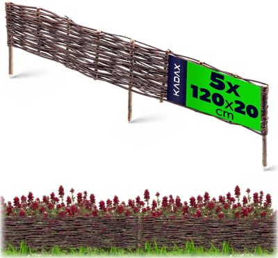 KADAX Palissade van wilgentenen, natuurlijk wilgenhek, handgemaakt wilgenvlechthek, tuinhek voor paden en bloembedden, omheining gazonrand (5 stuks 120 x 20 cm)
