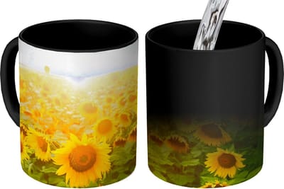 Magische Mok - Foto op Warmte Mokken - Koffiemok - Zonnebloem - Zon - Wolken - Magic Mok - Beker - 350 ML - Theemok
