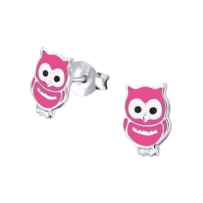 Aramat Jewels | Oorbellen | Zilveren Uiltjes Oorbellen - Donker Roze Emaille | | | |9mm | Zilver | Kinderen | Verkleurd niet