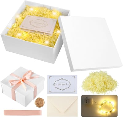Geschenkdoos met Deksel Set, 20 x 20 x 10 cm, Vouwbare Cadeauverpakking met Strik, Wenskaart, Envelop en LED Licht voor Verjaardag en Bruiloft