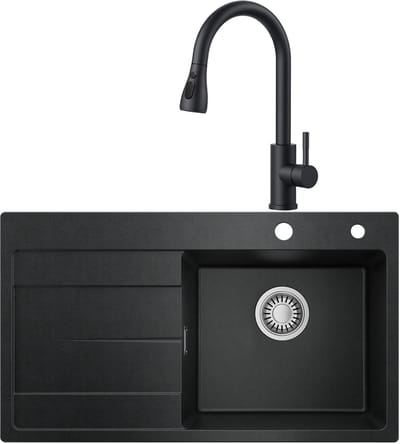 CECIPA MAX Granieten Spoelbak 78x45CM Zwart - Spoelbakken Keuken Met Keukenkraan met Uittrekbare Uitloop - Spoelbak Met Planchet en Afdruiprek - Spoelbakken Incl. Sifon en Afvoerzeefje