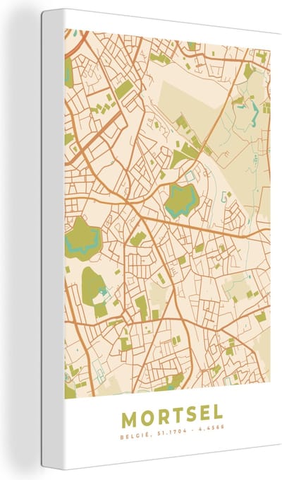 Canvas Schilderij Vintage - Retro - Plattegrond - Kaart - Stadskaart - Mortsel - 20x30 cm - Wanddecoratie