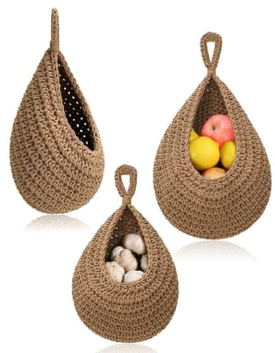 Set van 3 Hangende Wandmanden Jute - Decoratieve Opbergmand voor Keuken, Woonkamer en Badkamer - Bruin