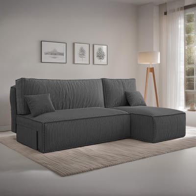 Hoekbank Jelle - Universeel - Ribstof - Antraciet - Slaapbank met opbergruimte - Lounge Links of Rechts - Direct Leverbaar - Hoekzetel - Chaise longue - Zetel met slaapgedeelte - 3 zits - Zitcomfort Medium