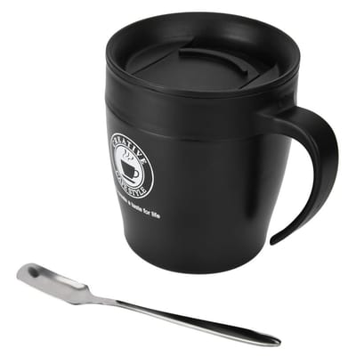 Geïsoleerde koffiemok/waterbeker van roestvrij staal met lepel en deksel, ideaal voor op kantoor of op reis.(Zwart) Black black