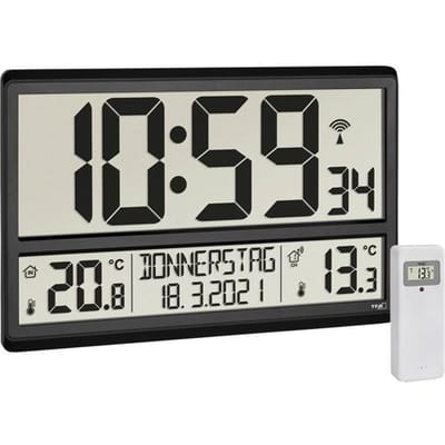 TFA Dostmann 60.4521.01 Wandklok Zendergestuurd 36 cm x 2.8 cm x 23.5 cm Zwart Groot display