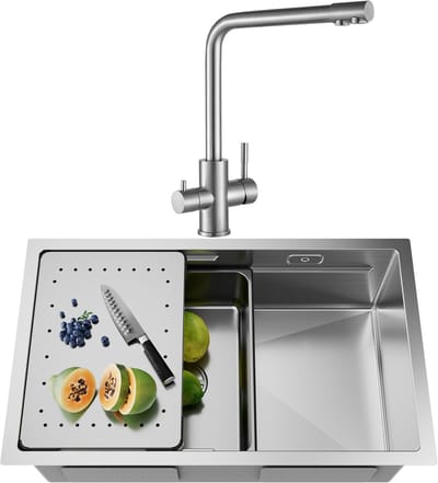 CECIPA max Spoelbak Keuken 70x44CM - Multifunctionele Spoelbak Met 3 Wege Keukenkraan - 2 Spoelbakken Keuken Met Snijplank - Spoelbakken met afdruip - RVS Gootsteen