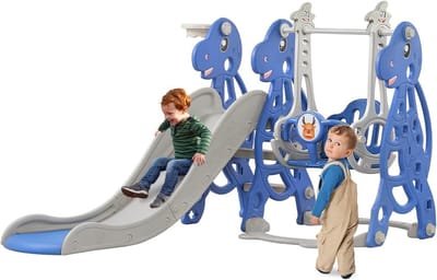 4-in-1 Kinderspeelplaats met Glijbaan, Schommel en Basketbalmand voor Binnen en Buiten
