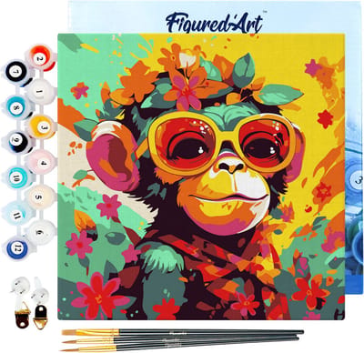 Figured'Art Mini Schilderen op Nummer Volwassenen 20x20cm met lijst Modieuze aap met bloemen - Klein Formaat Creatieve Hobby Kit DIY Art Nummer Compleet