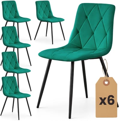 Set van 6 Eetkamerstoelen MILO / Gestoffeerde Stoelen / Fluwelen Stoelen en Metalen Poten / Flesgroen met zwarte benen