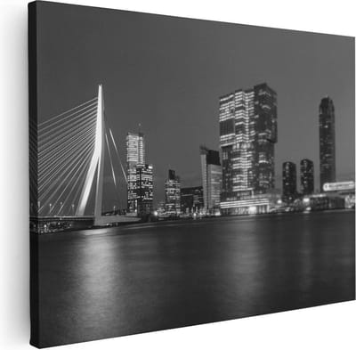 Artaza Canvas Schilderij Rotterdam Skyline - 80x60 cm - Wanddecoratie Erasmusbrug - Muurdecoratie Zwart Wit - Schilderijen Op Canvas