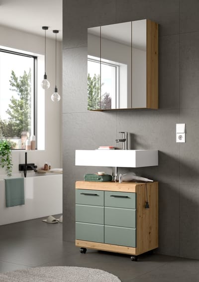 Badcombinatie op wielen - Saliegroen en Eiken - Moderne badkast met wastafel