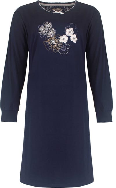 Medaillon Dames Nachthemd - Lange Mouwen - Navy Blauw - Maat S