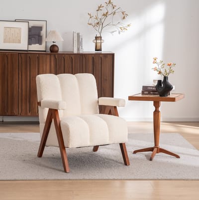 Fauteuil - Bouclé Fauteuil Met Armleuningen - Comfortabele Zitting Met Massief Eikenhouten Frame - Voor Woonkamer En Slaapkamer - Beige