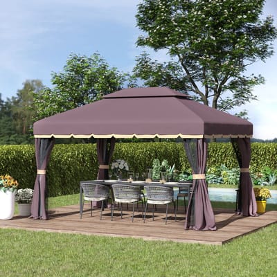 REDOM - Tuinpaviljoen - Met Dubbel Dak En Gordijnen - Voor Tuin Of Terras - Aluminium En Polyester - Koffie - 390 X 290 X 280 Cm