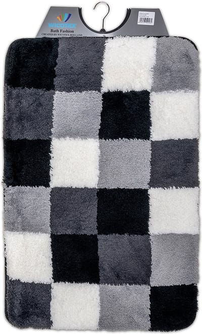 Wicotex - Badmat Zwart - Grijs - Wit - geblokt - Badmat - Antislip onderkant - Afmeting 60x90cm