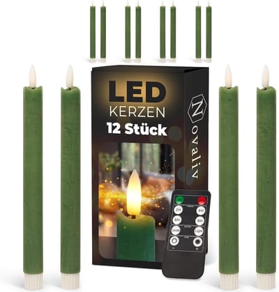 LED-kaarsen met timer groen 12 stuks voor binnen - 6 uur - ECHTE WAS 23 cm hoogte voor kaarsen 2,2 cm diameter 2 AAA-batterijen vereist LED-kaarsen set van 2 groen (DRIE keer) bewegende vlam