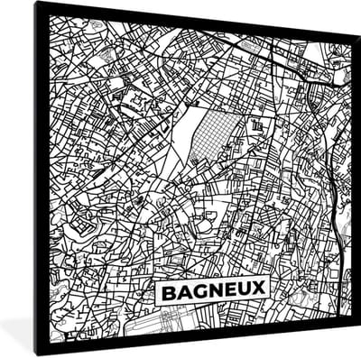 Fotolijst incl. Poster Zwart Wit- Kaart - Plattegrond - Frankrijk - Stadskaart - Bagneux - Zwart wit - 40x40 cm - Posterlijst