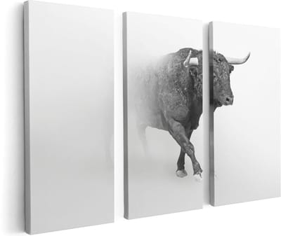 Artaza Canvas Schilderij Drieluik Stier Op Een Grijze Achtergrond - Zwart Wit - 120x80 - Foto Op Canvas - Canvas Print